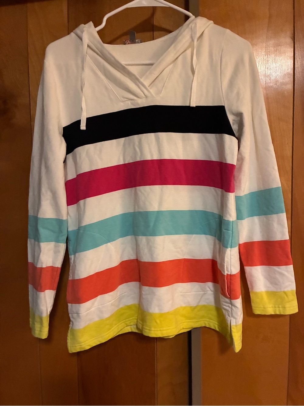 Talbots Women’s Cream Hooded Stripe Pullover with Multicolor Bands Sz Mo